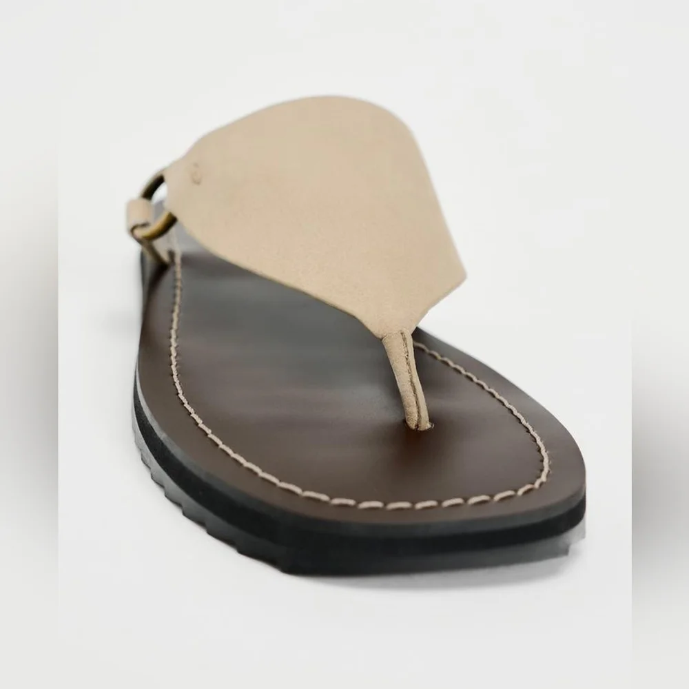 Zara Flat Leather Sandals NWT - Picture 3 of 6